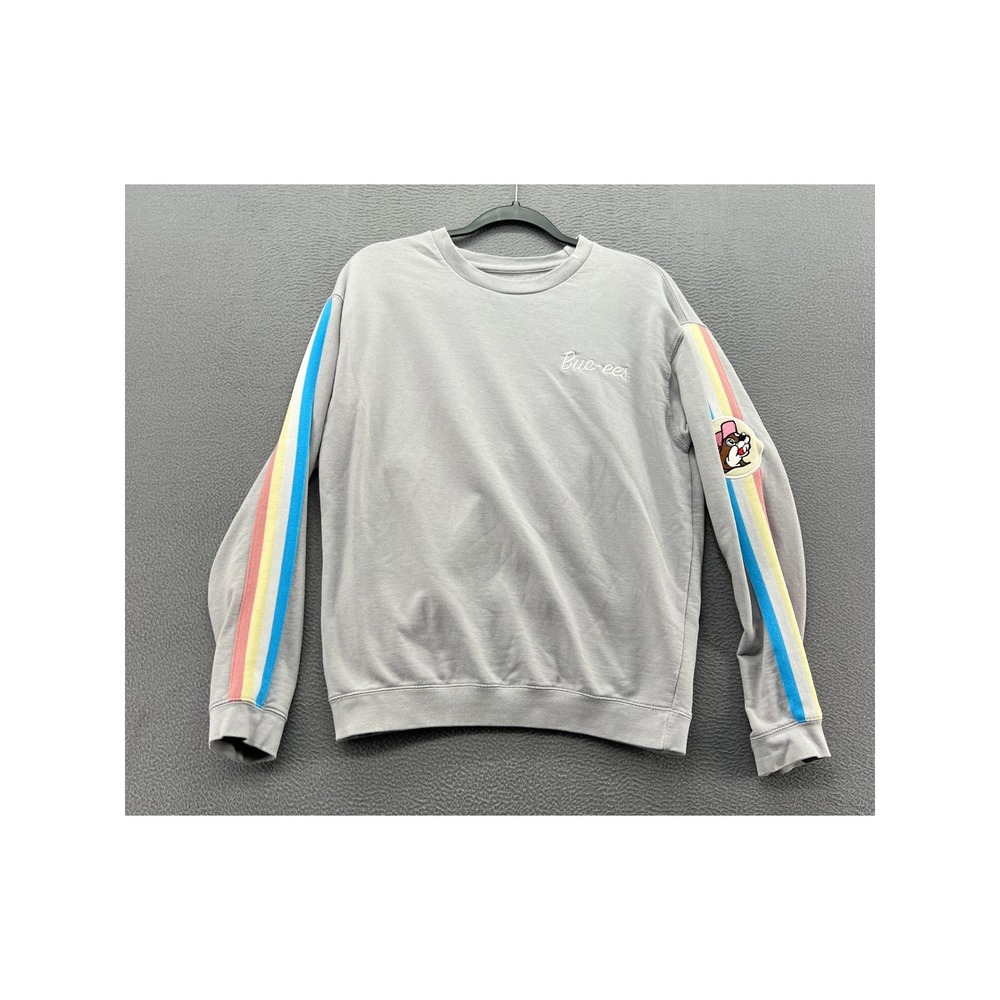 Buc-ee's Sweatshirt Womens S Grey Crewneck Pastel Rainbow Sleeve Stripe Beaver